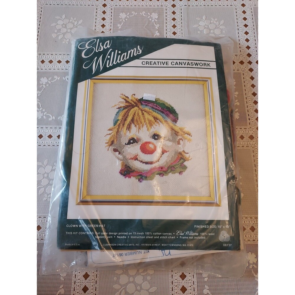 NEW Sealed Elsa Williams Creative Canvaswork Clown With Green Hat 06137 10 x10
